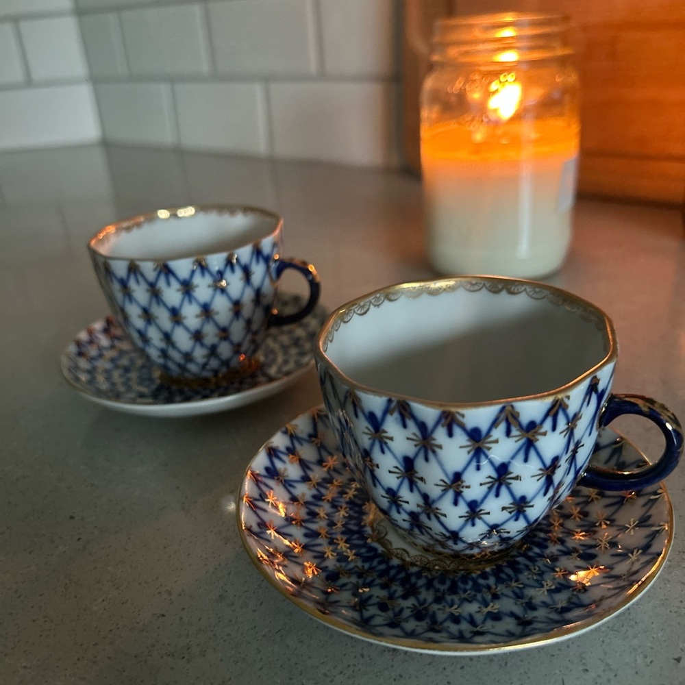 Vintage LOMONOSOV USSR Porcelain Teacup”Cobalt Net”